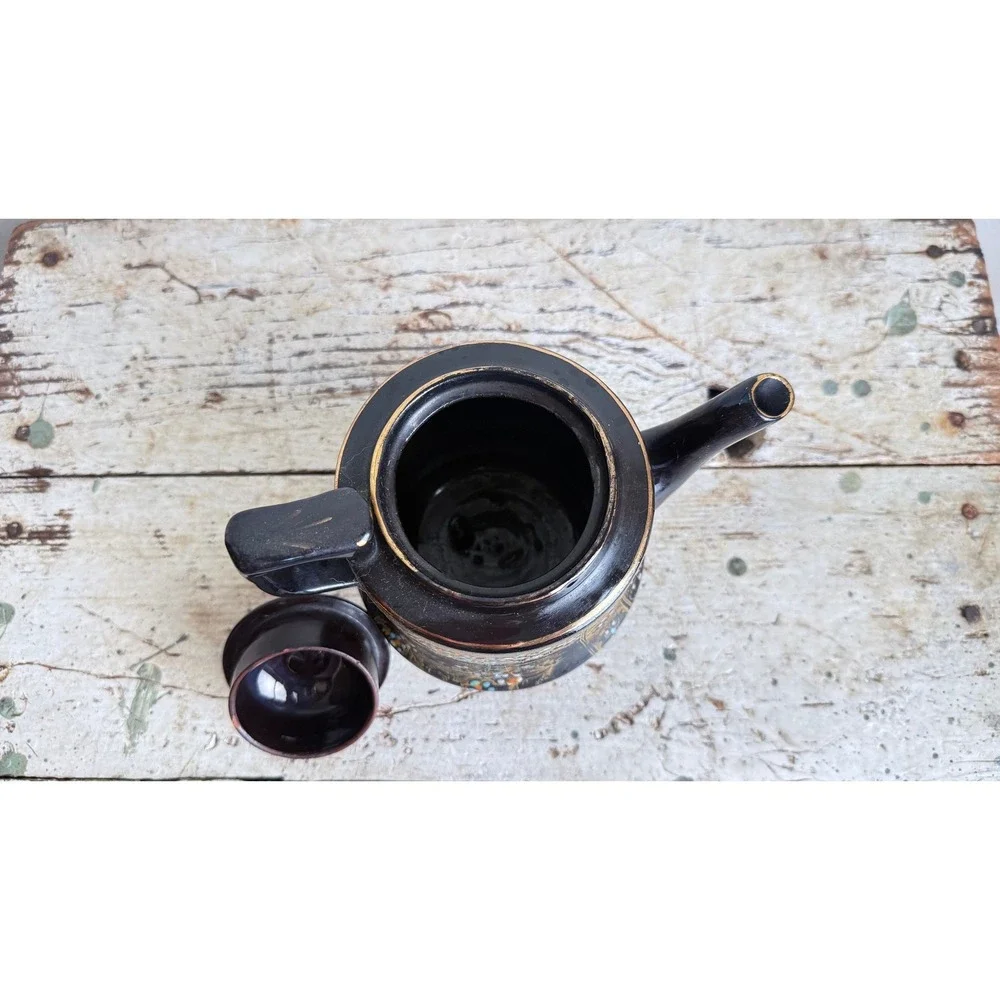 Vintage Price Bros England M&M No 8 Black Moriage Floral Teapot Gold Gilt CSGC